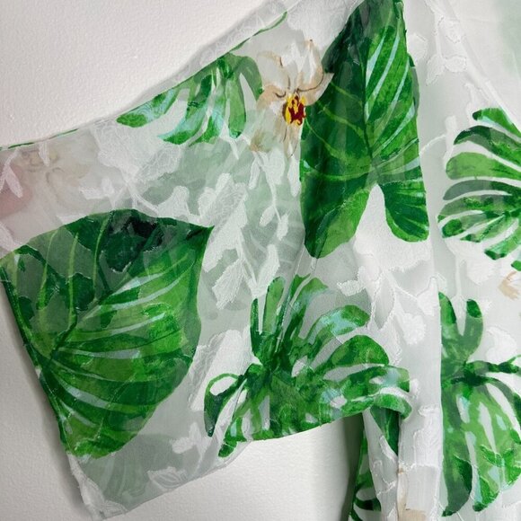 WHBM Flowy Blouse Size L White Green Tropical Palm V-Neck Vacation Beach - Picture 3 of 9